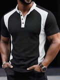 Men'S Fashion Men'S Tops Spring And Summer Outdoor Casual Textured Waffle Fabric Color Block Single-Breasted Short-Sleeved Men'S Henley Shirt - Black