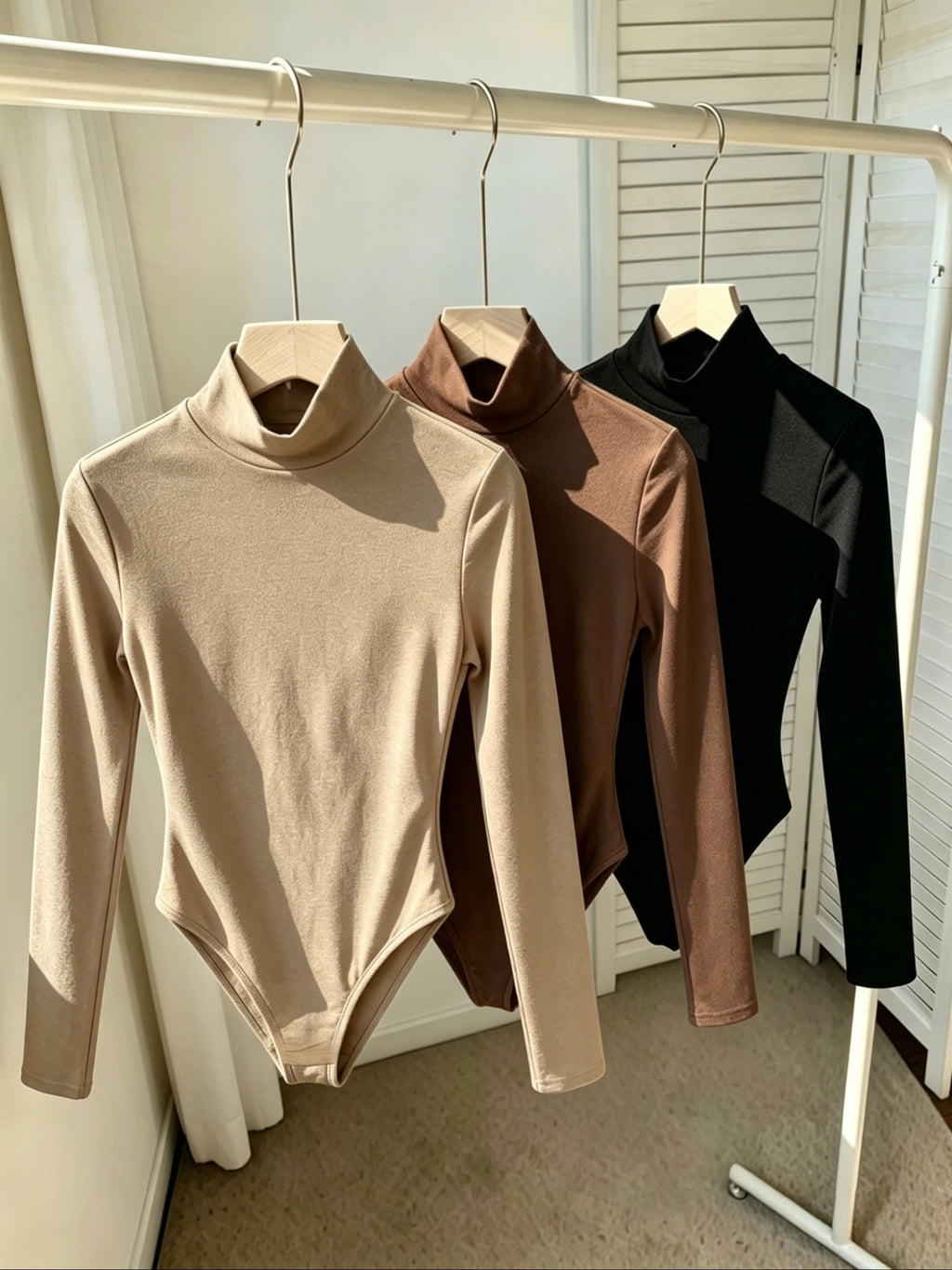 Autumn/Winter New Arrival Women's Elegant Simple High-Neck Long-Sleeve Bodysuit, 3pcs Set in Mixed Colors - Khaki + Coffee + Black