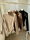 Autumn/Winter New Arrival Women's Elegant Simple High-Neck Long-Sleeve Bodysuit, 3pcs Set in Mixed Colors - Khaki + Coffee + Black
