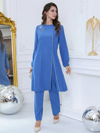 Women'S Sequined Flower Bead Embroidery Rhinestone Decorated Round Neck Long Sleeve Top with Drawstring Adjustable Pants, Elegant Business Fashion Design, Suitable for Festival Party Two-Piece Set - Royal Blue
