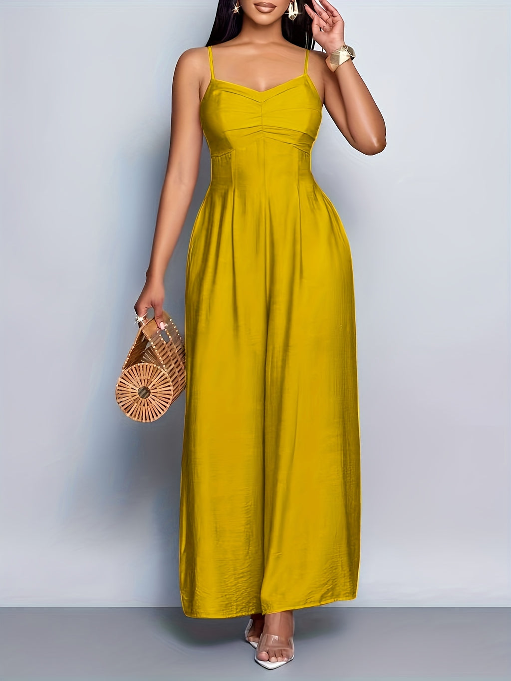 Women'S Draped Front Lace Up Backless Wide Leg Cami Jumpsuit | Elegant Solid Color, Sleeveless, Long Length, Suitable for Everyday Wear & Vacation - Yellow