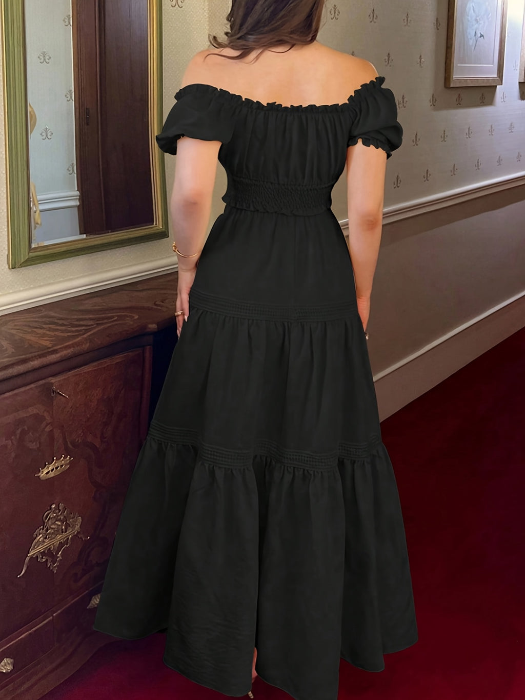New Women's Fashionable Simple and Elegant Casual Daily Outfit, Suitable for Outings, Solid Color Off-the-Shoulder Short Sleeve Top with Bow Tie Lacing and Flared Hem Skirt 2pcs Set - Black