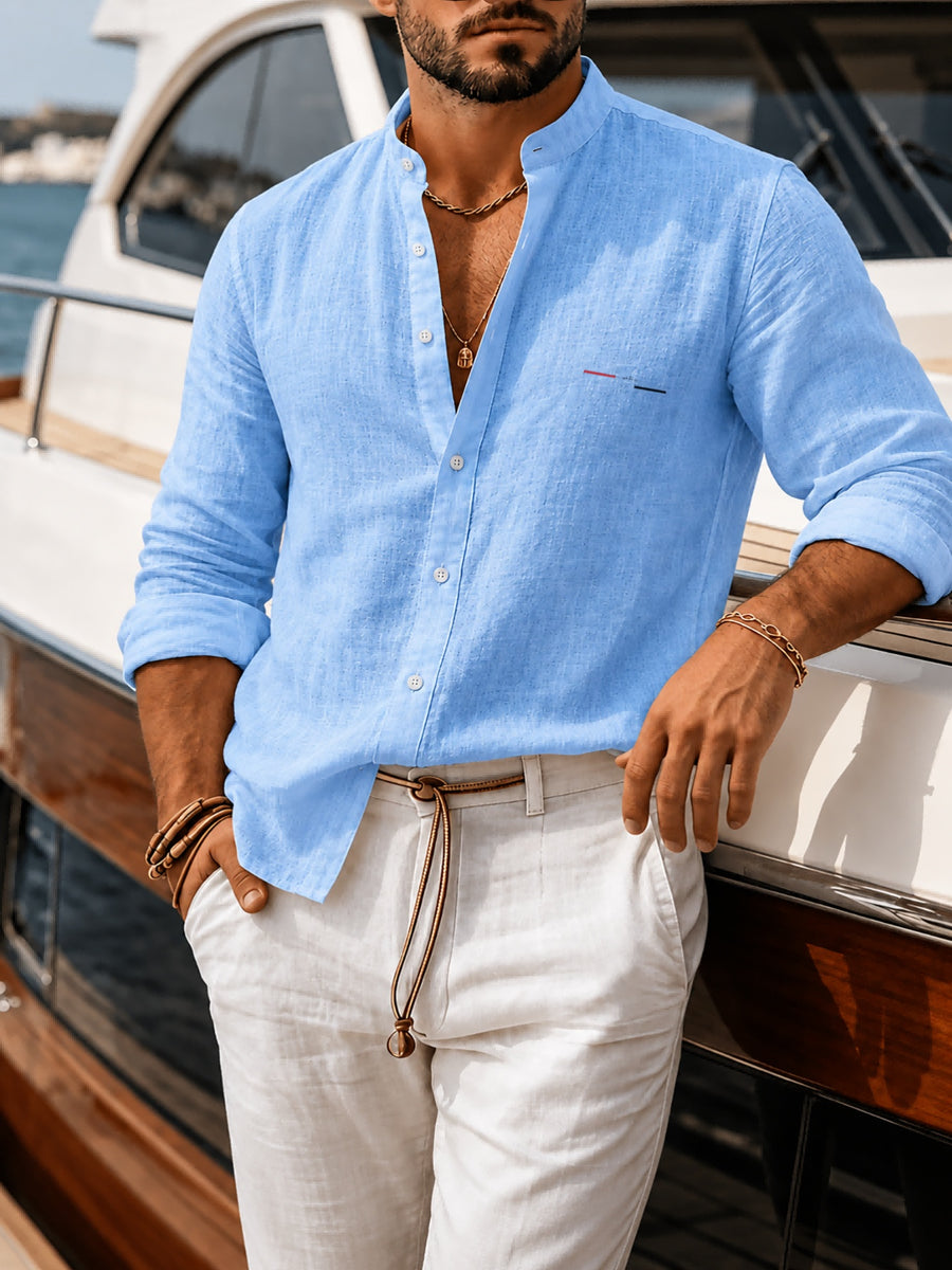 Men's New Faux Stand Collar Button-Up Shirt - Artistic, Understated, Stylish, Versatile, Relaxed Textured Trendy Loose Fit - Soft Daily Shirt Suitable for Formal and Casual Wear at the Beach, on Vacation, and in the Office - Machine Washable - Light Blue