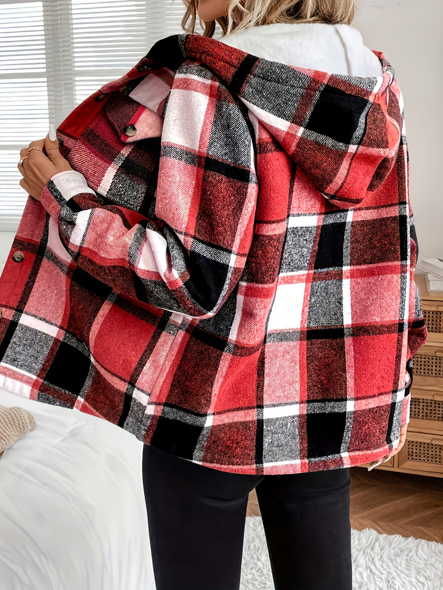 Women'S Casual Plaid Fleece Lined Hooded Regular Jacket, Napped Plaid Fleece-Lined Women'S Top, Hooded Shirt - Bright Red