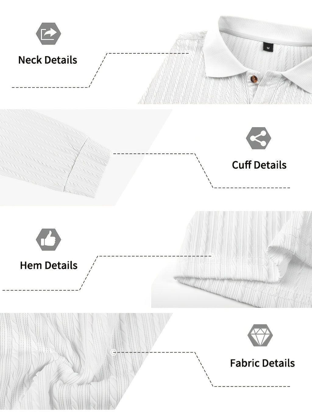 Autumn/Winter New Arrival: 1pc Men's Twisted Cable Vertical Stripe Knit Long-Sleeve Polo Shirt, Three-Dimensional Jacquard Texture, Classic Lapel, Vintage Brown Wood Grain Three-Button, Stretchy Soft Knitted Fabric, Solid Color Minimalist Top - White