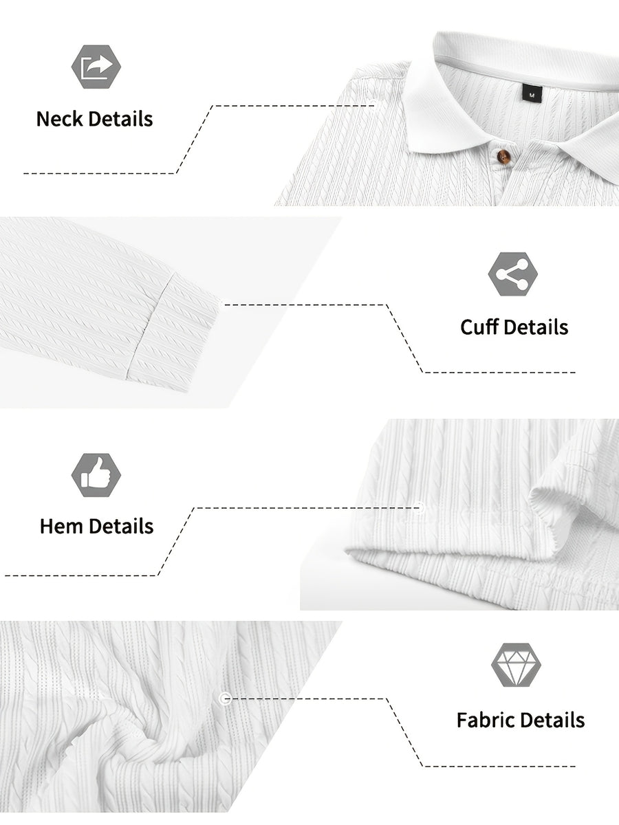 Autumn/Winter New Arrival: 1pc Men's Twisted Cable Vertical Stripe Knit Long-Sleeve Polo Shirt, Three-Dimensional Jacquard Texture, Classic Lapel, Vintage Brown Wood Grain Three-Button, Stretchy Soft Knitted Fabric, Solid Color Minimalist Top - White