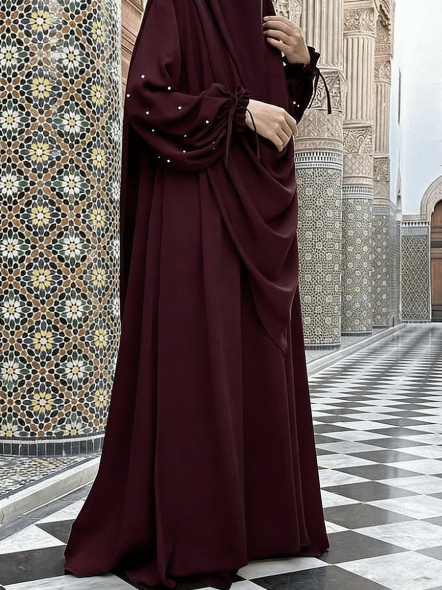 Middle Eastern Solid Color Women'S Robe with Pearl Sleeves Dress And Long Scarf 2pcs Set, Ideal for Women'S Daily Wear, Travel, And Ramadan - Burgundy
