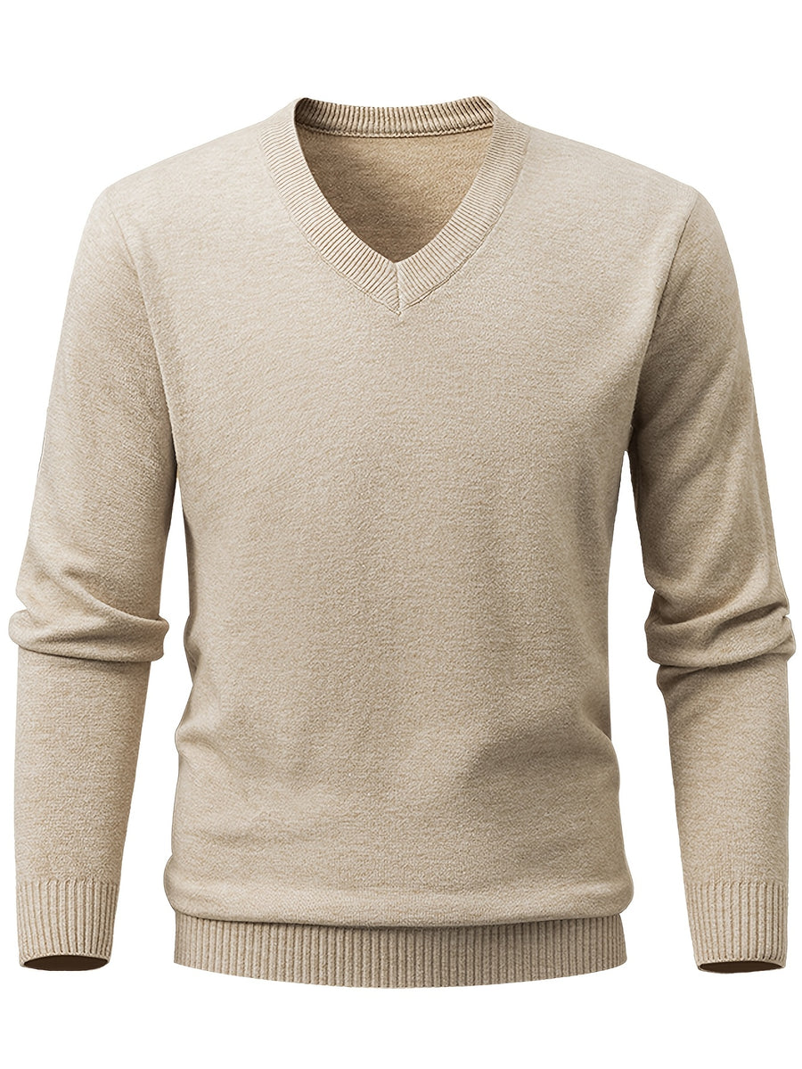Autumn/Winter New V-Neck Solid Color Pullover Casual Versatile Knit Top for Men - Khaki