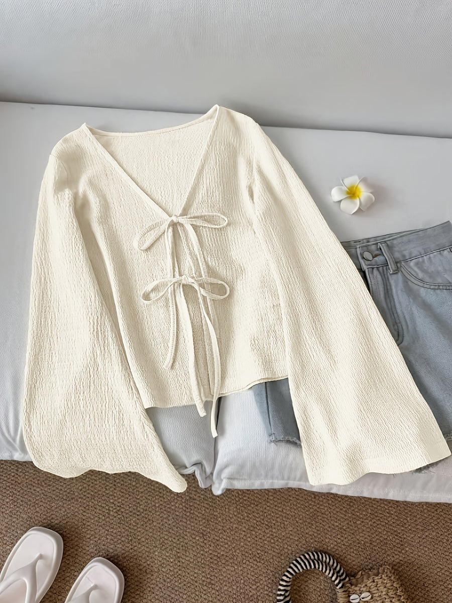 Solid Color Front-Tie Bow Open-Front Fashion Flared Sleeve Blouse New Women'S Short Top - Off-white