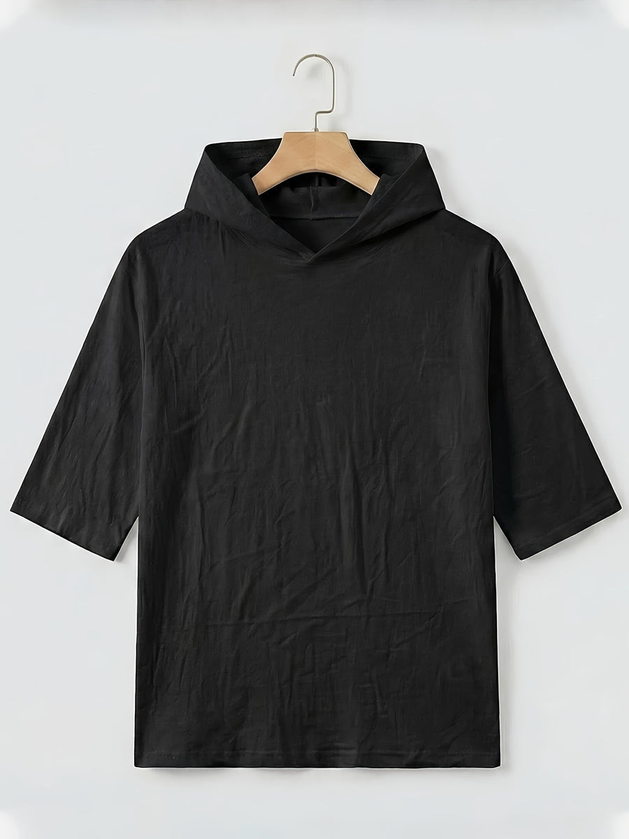 Men'S Linen Short-Sleeved Hoodie, Fashionable Men'S Top, Short-Sleeved Hoodie, Individual Trend, Comfortable And Breathable Fabric, Suitable for Outdoor Leisure, Camping, Vacation, Beach, Daily Street Wear - Black