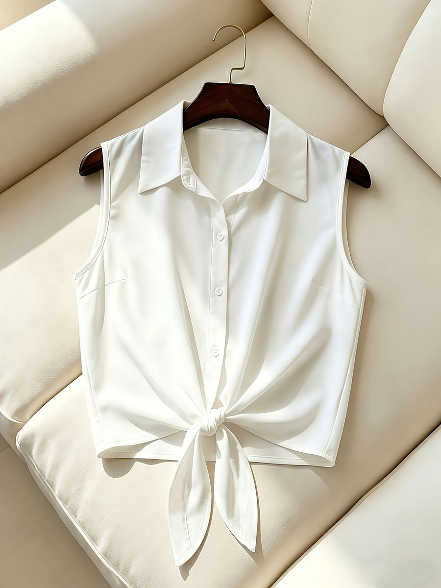 Women's New Spring/Summer Elegant French-Style Minimalist Lapel Sleeveless Shirt, Single-Breasted with Hem Tie Design, Lightweight, Breathable, and Slim-Fitting, a Summer Top Suitable for Women in Spring and Summer, Casual Style Women's Top - White