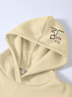Women's Loose Fit Bla Bla Bla Stick Figure Print Hooded Sweatshirt, Fun Cartoon Back + Brim Print Pullover, Drop Shoulder Long Sleeve Hoodie, American Trendy Casual Street Style, Soft and Comfortable Fabric, Girly and Cute Outfit, Suitable for Daily - Apricot