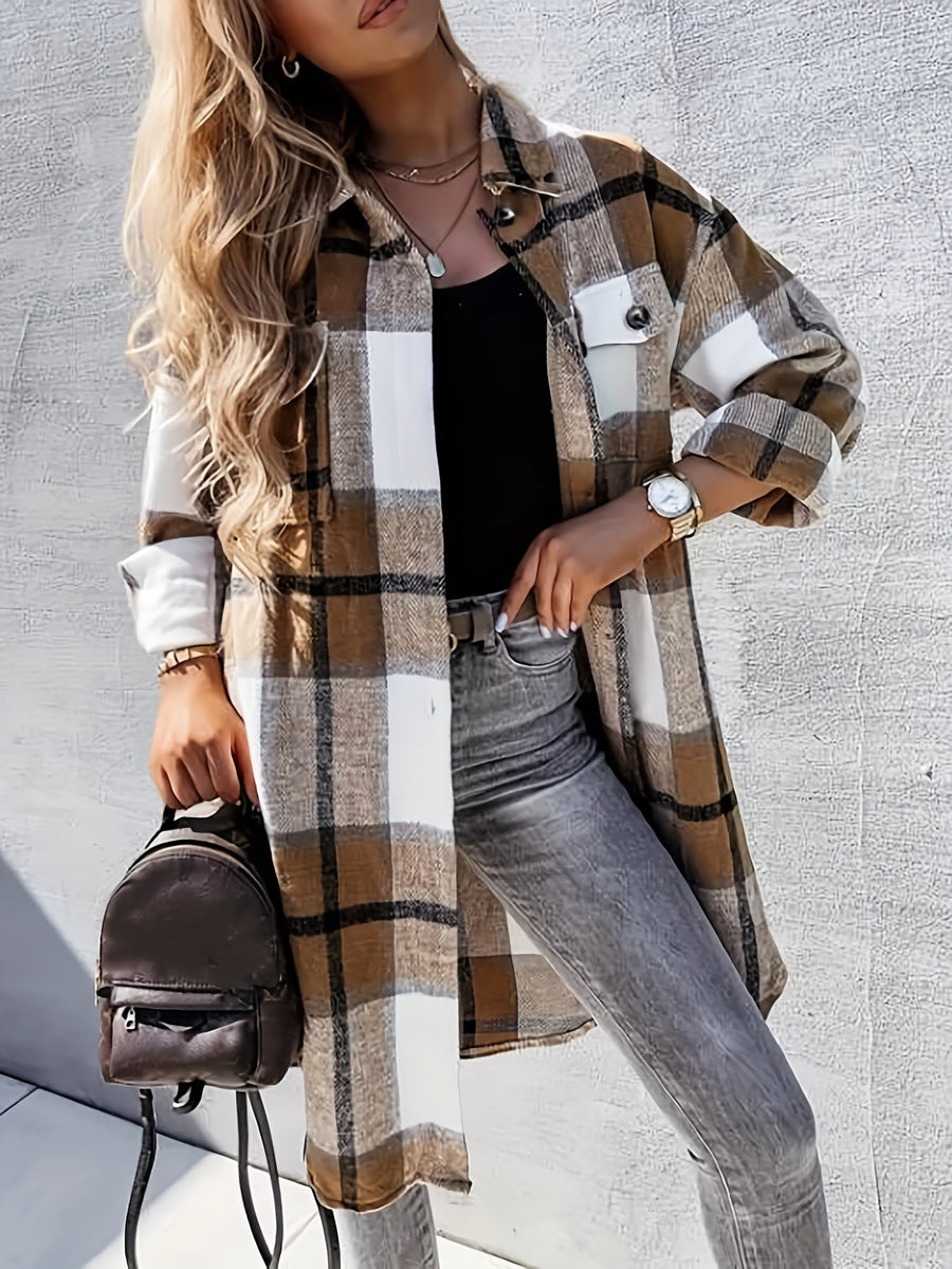 Plaid Print Long Length Jacket, Casual Button Front Flap Pockets Outwear, Women's Clothing - Khaki