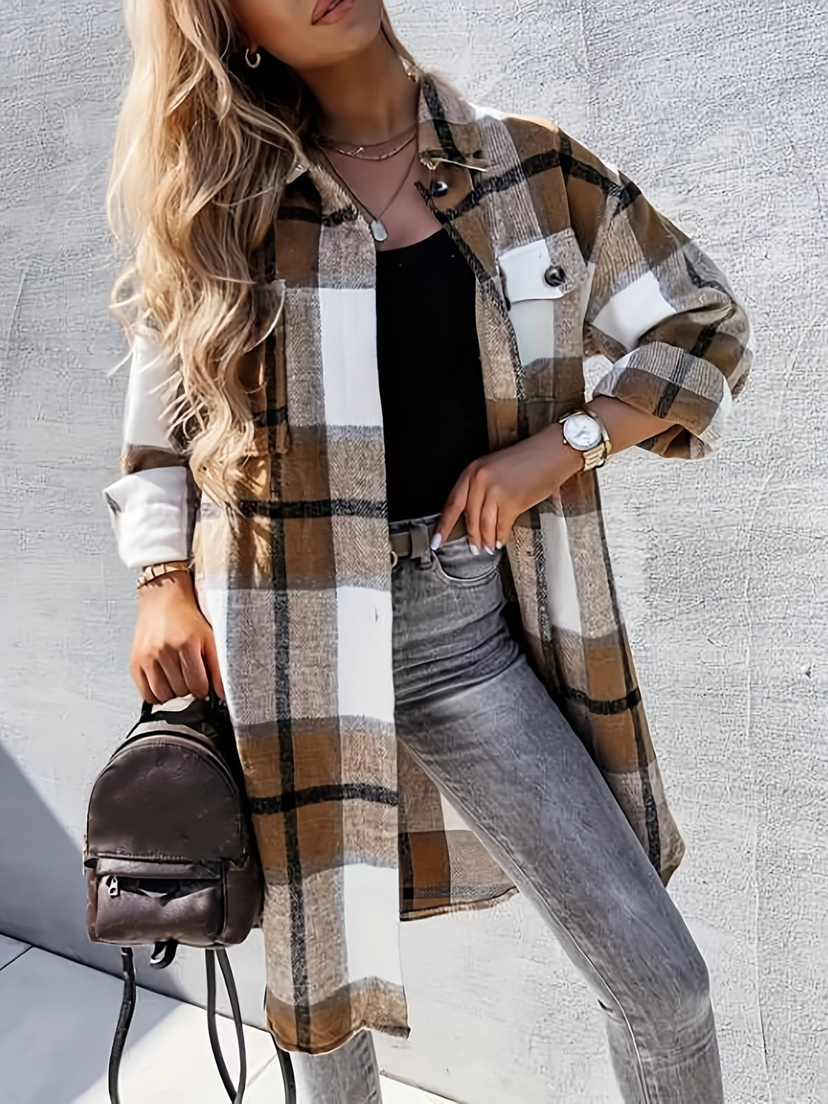 Plaid Print Long Length Jacket, Casual Button Front Flap Pockets Outwear, Women's Clothing - Khaki