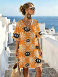 Halloween Fun Spider Print V-Neck Straight Dress, Featuring a Loose Drop-shoulder Short-sleeve Cut, Made from Comfortable and Breathable Fabric. This Relaxed, Laid-back Style Is Perfect for Creating a Festive Atmosphere, Suitable for Daily Outings - Mixed colors