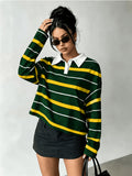 [Printed Design – Not Textured] Women's New Long-Sleeve Fashionable and Versatile Polo Shirt, American Vintage Striped Style in Black, Light Blue, and White Contrasting Horizontal Stripes with White Collar and Printed Long Sleeves. A Flattering - Green