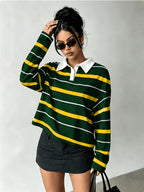 [Printed Design – Not Textured] Women's New Long-Sleeve Fashionable and Versatile Polo Shirt, American Vintage Striped Style in Black, Light Blue, and White Contrasting Horizontal Stripes with White Collar and Printed Long Sleeves. A Flattering - Green