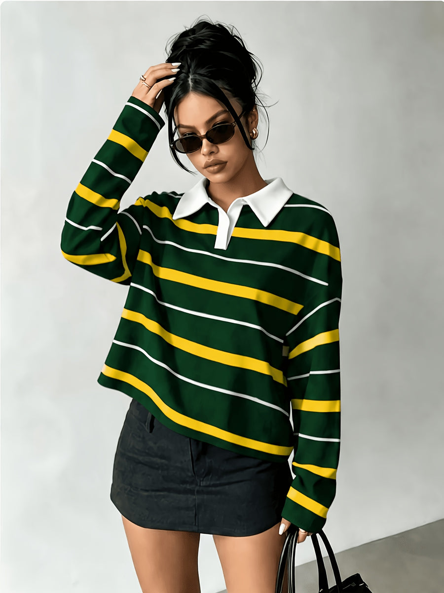 [Printed Design – Not Textured] Women's New Long-Sleeve Fashionable and Versatile Polo Shirt, American Vintage Striped Style in Black, Light Blue, and White Contrasting Horizontal Stripes with White Collar and Printed Long Sleeves. A Flattering - Green