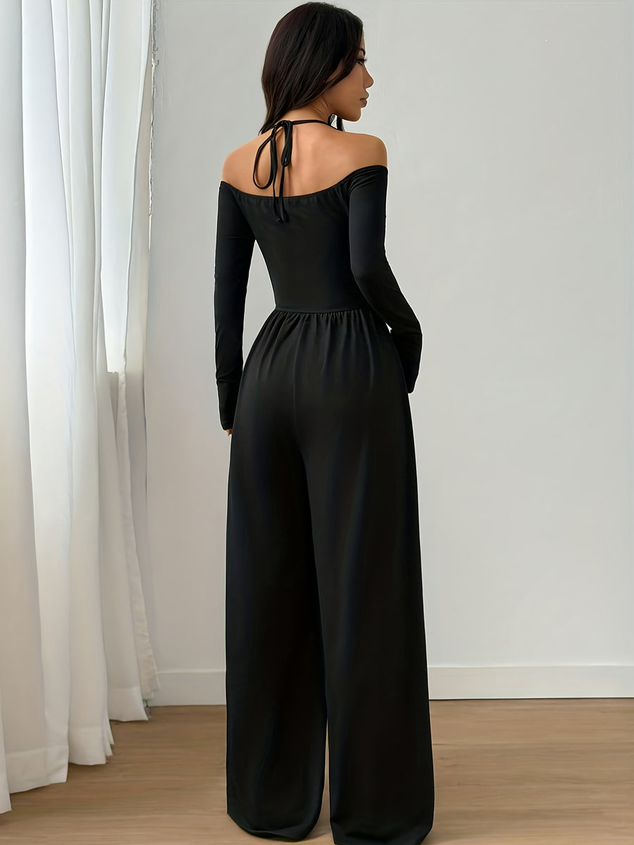 Women's Casual Solid Color Long Sleeve Halter Neck Off-Shoulder Wide Leg Jumpsuit - Black