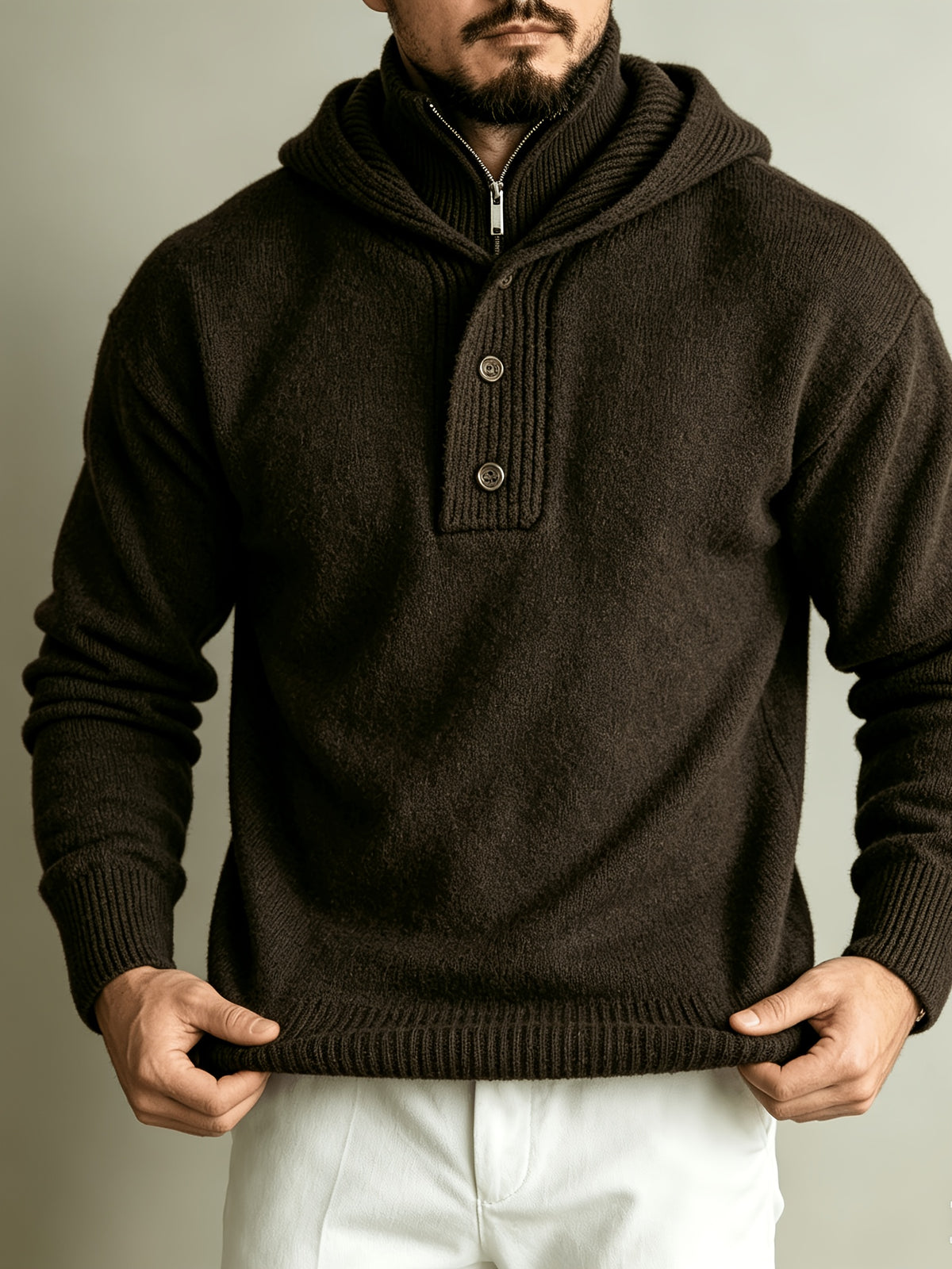 Autumn/Winter Men's 2-in-1 Look Hooded Knit Sweater, Half-Zip High Neck Design with Overlay Button Placket, Fine, Soft, and Skin-Friendly Fabric, Regular Fit for Slimming and Concealing. A Versatile Top for Casual and Daily Commutes, a Warm - Coffee Color