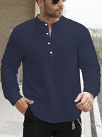 Men'S Solid Color Stand Collar Linen Long Sleeve (2-Pc), Breathable And Comfortable, Suitable for Spring And Autumn Wear - White + Navy Blue