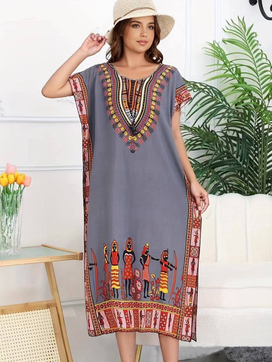 Ethnic Style Dress Summer New Bohemian Style Vacation Batwing Sleeve Dress Loose Beach Dress - Deep Grey