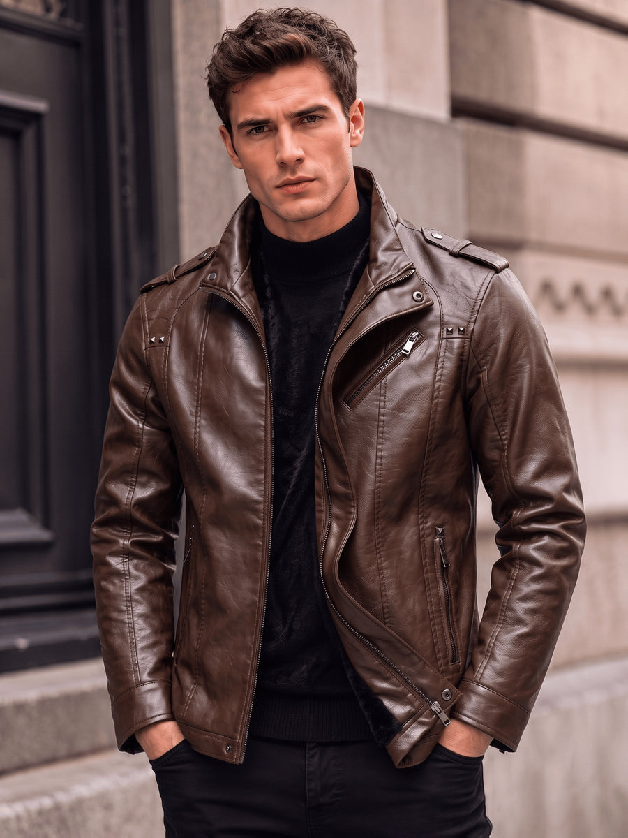 Men's PU PU Leather Biker Jacket with Warm Plush Lining, Stand Collar, Asymmetrical Zip Front, Multiple Zipper Pockets, Shoulder Tabs and Stud Accents for Fall/Winter Commuting, Travel, Streetwear, Dating and Daily Wear - Coffee Color