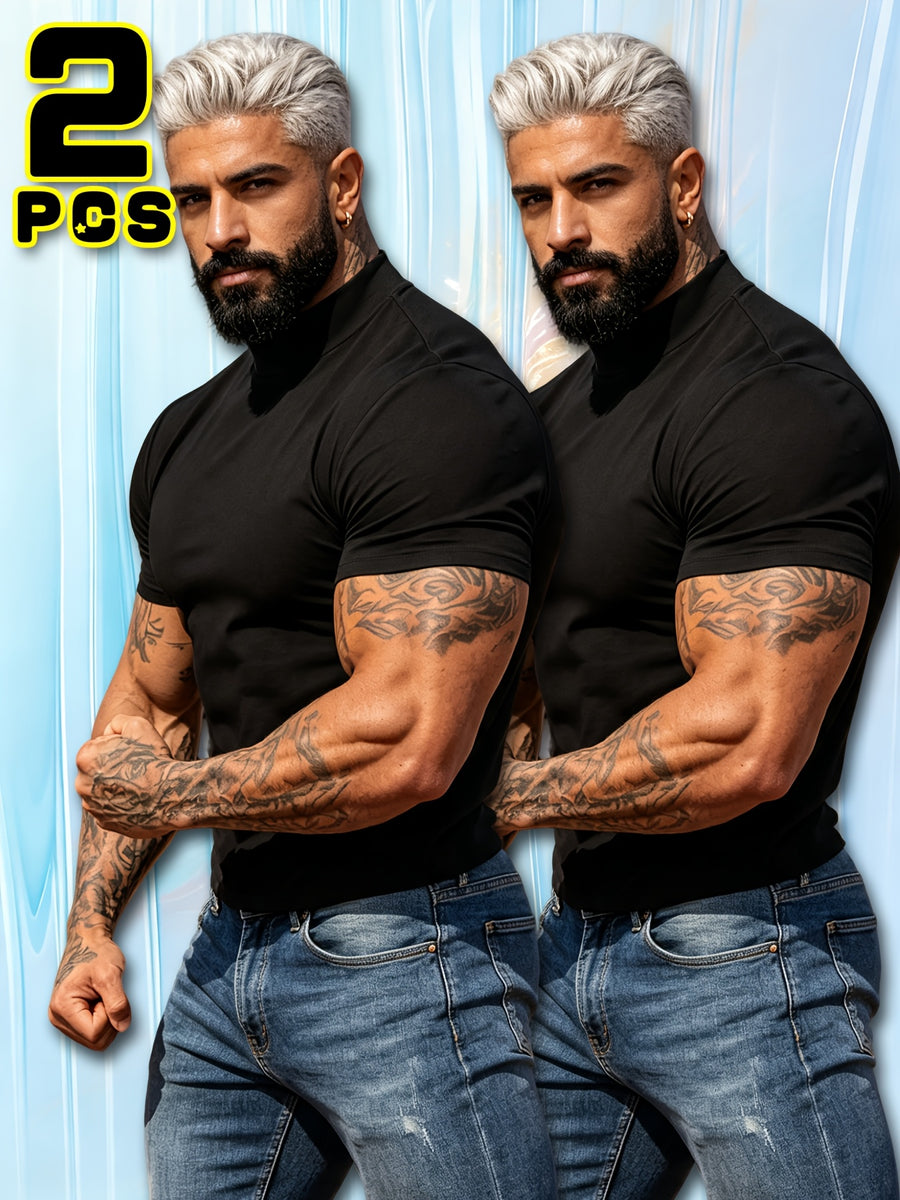 Summer Breathable Solid Color Half-Neck Short Sleeve 2pcs Set Men'S Shaping Slimming High-Elastic Fabric Light Luxury Fashion Fitness Sports Daily Wear Easy Premium Feel Versatile Base Top - Black