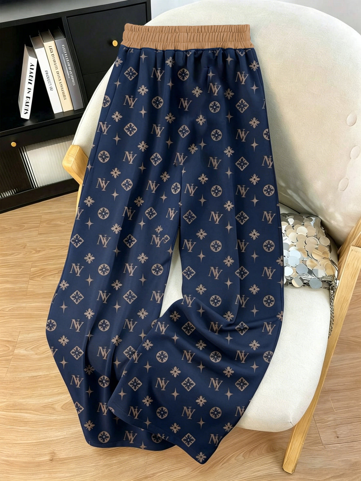 Women's Minimalist Printed Casual Pants, Drawstring Pocket Straight-Leg Trousers, Machine Washable and Hand Washable - Navy Color