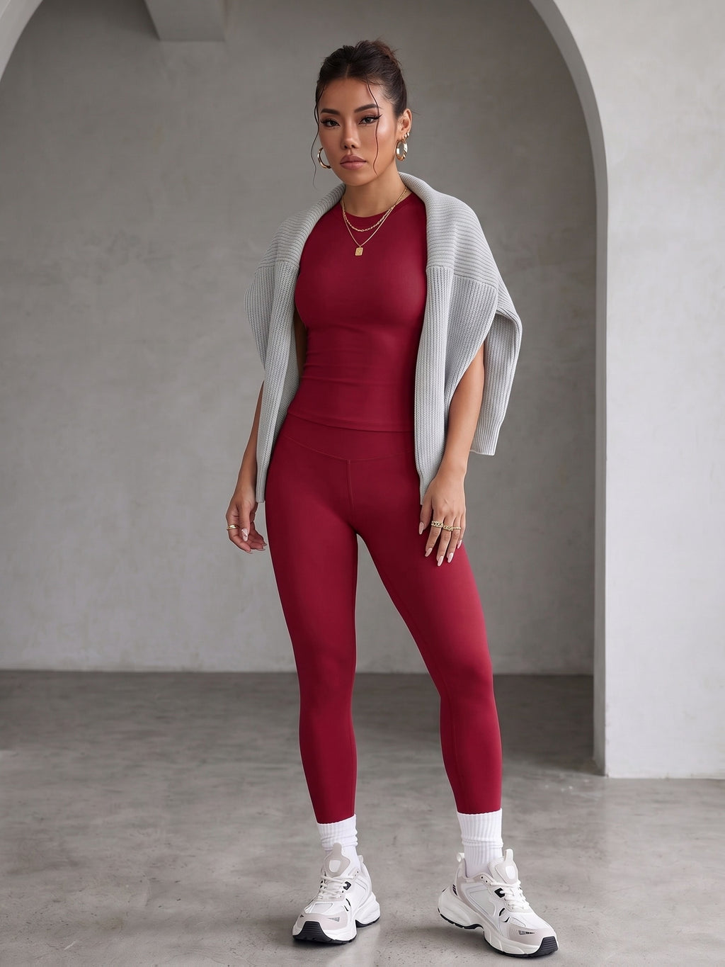 Round Neck Short Sleeve High-Waist Butt-Lifting Pants Set, Stretchy Nude-Feel Skin-Friendly 2pcs Set, Quick-Drying Breathable Wear, Tummy Control Peach Butt Training Outfit, Versatile Wearable Outer Casual Swear. 4-Way Stretch with Zero Restriction - Red