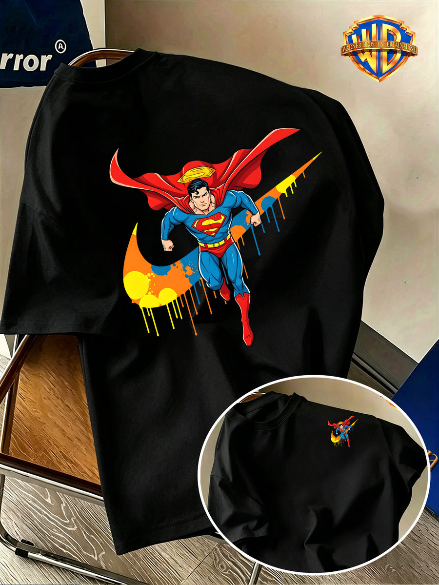 Back-To-School Season Warner Authorized, Men'S Casual T-Shirt, Soft Breathable Fabric Lightweight Short Sleeve, DC Genuine Superman Dynamic Flying Pose Colorful Resin Drop Trendy Print, Lightweight Comfortable Fit - Black