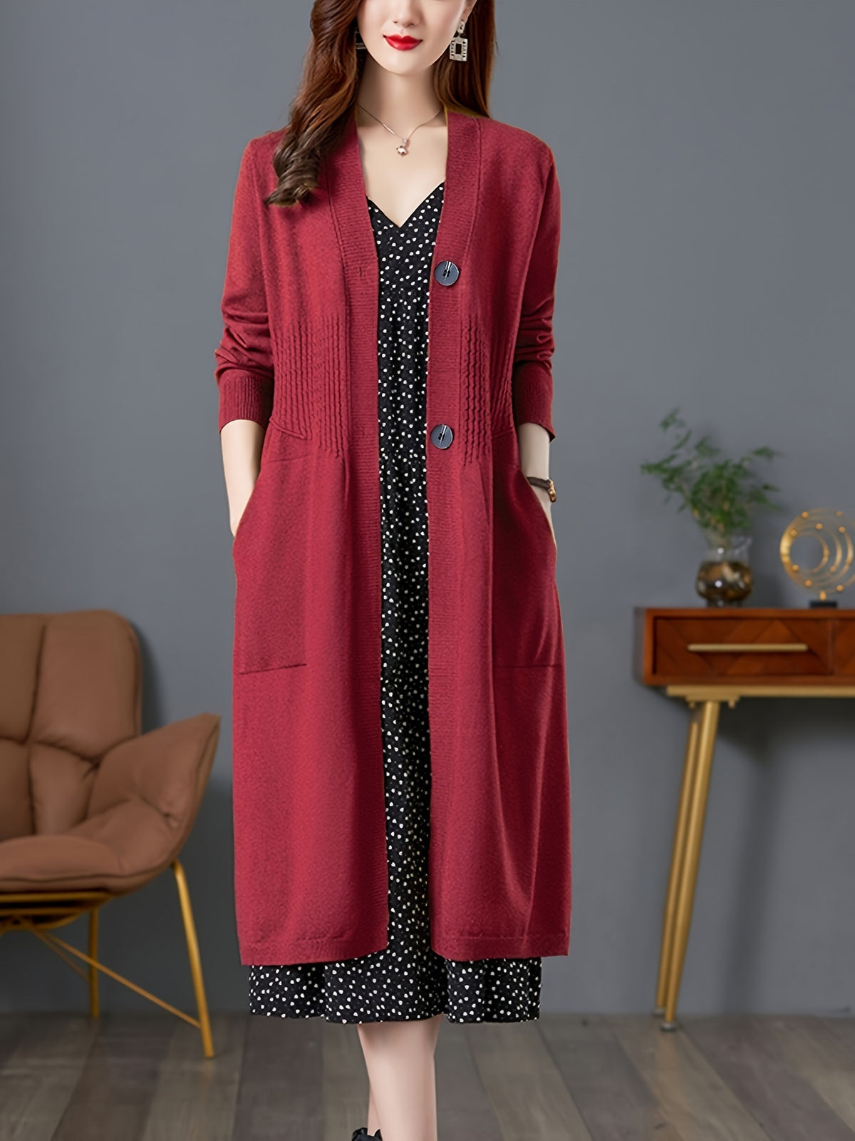 Spring And Autumn 2024 New Women'S Cardigan, a Stylish And Elegant Long Sweater Coat, Loose And Trendy Outerwear - Burgundy