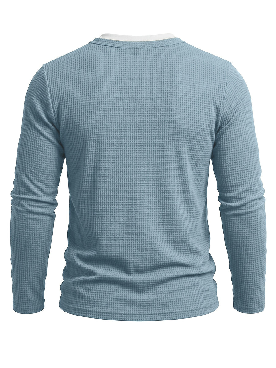 Autumn/Winter Cross-Border Men's Long Sleeve Crew Neck 2-in-1 Look Henley Shirt European and American Men's Pullover Base Layer T-shirt - Light Blue