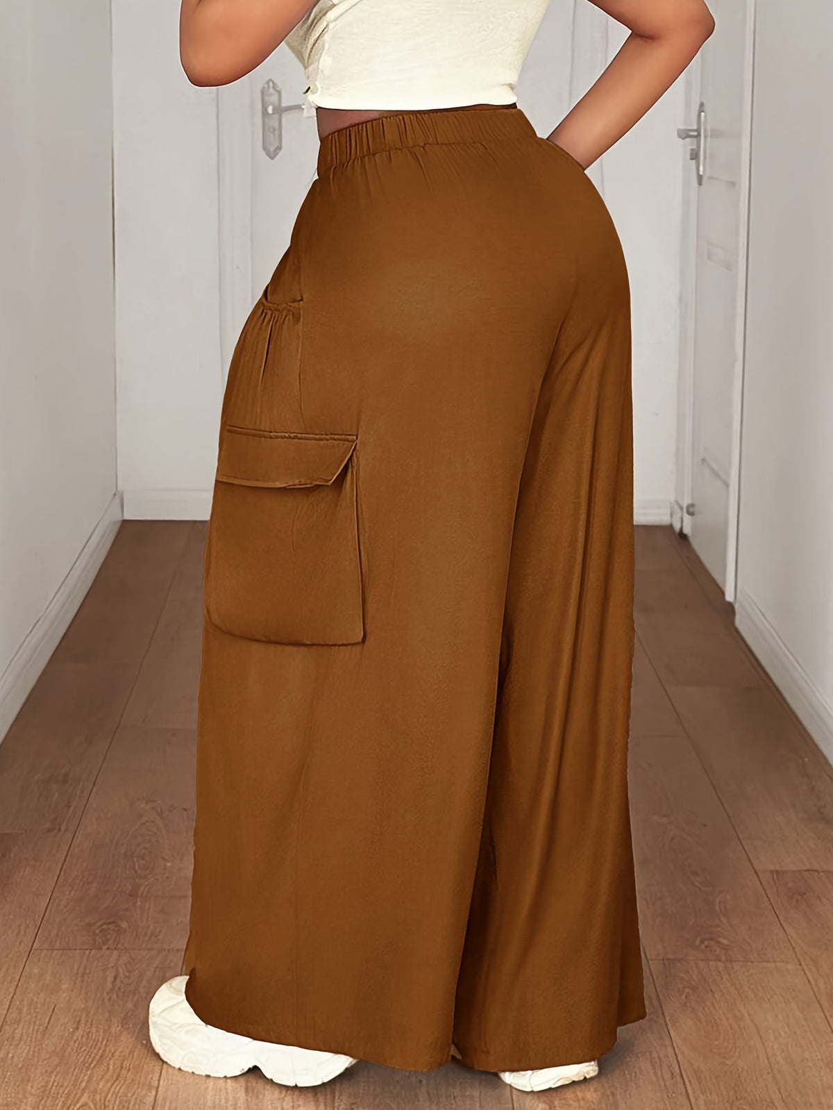 Plus Size, [Printed Pants - Not Denim Fabric] Plus-size Women's Elastic Waist, Multi-pocket Decorative Denim-style Pants - Red-brown