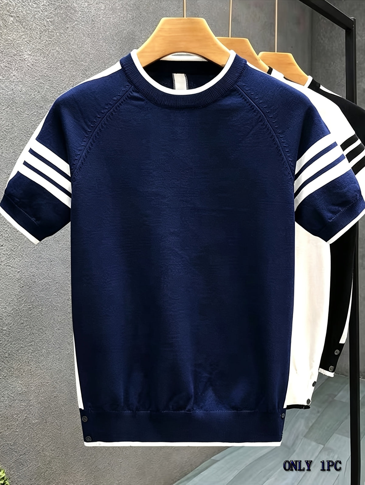 Men'S Knit Pullover Sweater in Stock Summer Light Mature Fashion Brand Contrast Striped Premium Knit Short Sleeve Men'S Round Neck T-Shirt Top - Navy Color