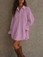 2026 Spring/Autumn Front Short Back Long Designer Style Loose Fit Elegant Solid Color Button-Up Elastic Cuffs Patchwork Lace Trim Women's Blouse ZLLZ - Pink