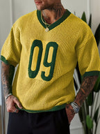 Men's Trendy Spring/summer Sporty Casual Knit Top, V-neck Color-blocked Number Design Loose Knit Pullover, Suitable for Sports and Fitness, Casual and Versatile. - Lemon Yellow