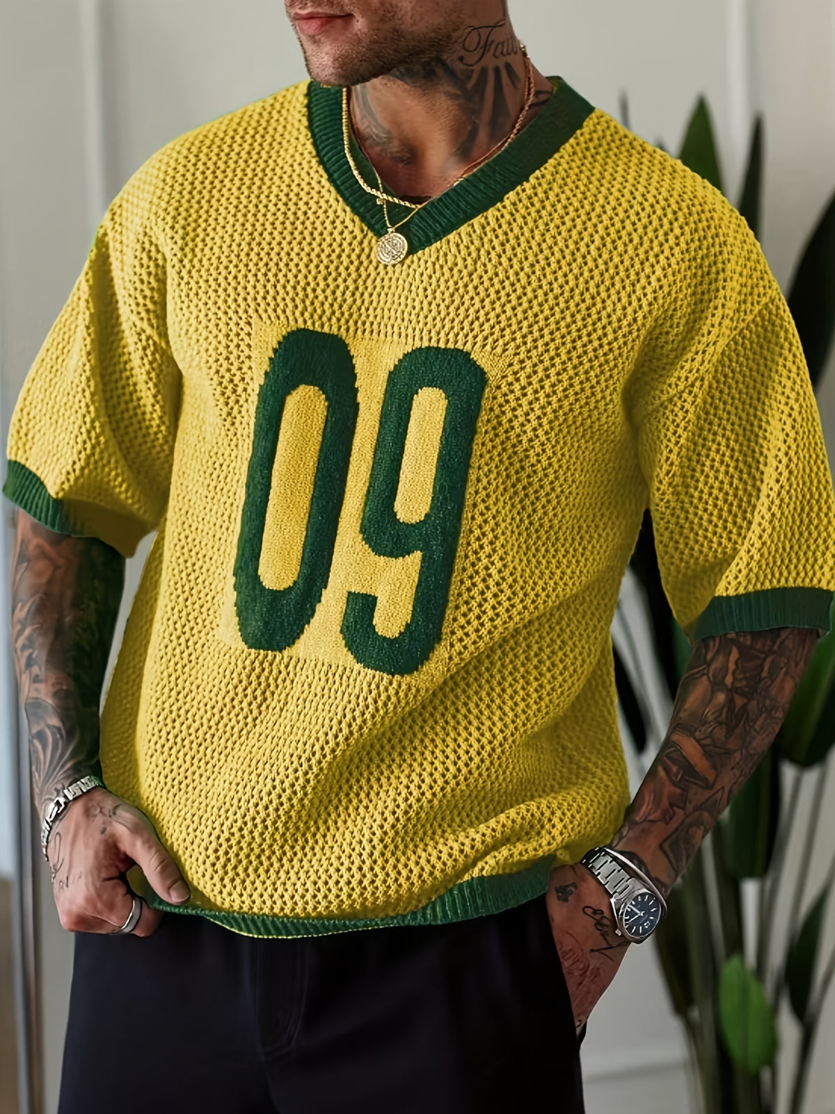 Men's Trendy Spring/summer Sporty Casual Knit Top, V-neck Color-blocked Number Design Loose Knit Pullover, Suitable for Sports and Fitness, Casual and Versatile. - Lemon Yellow