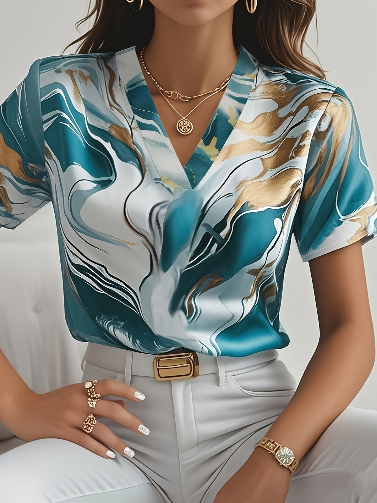Women's Elegant Marble Print Short Sleeve Shirt - Lake Blue & Golden Geometric V-Neck Top, Lightweight Professional Blouse for Spring/Summer, Machine Washable Office & Casual Wear, Summer Fashion, Sophisticated Texture, Spring Outfit, Durable - Lake Blue