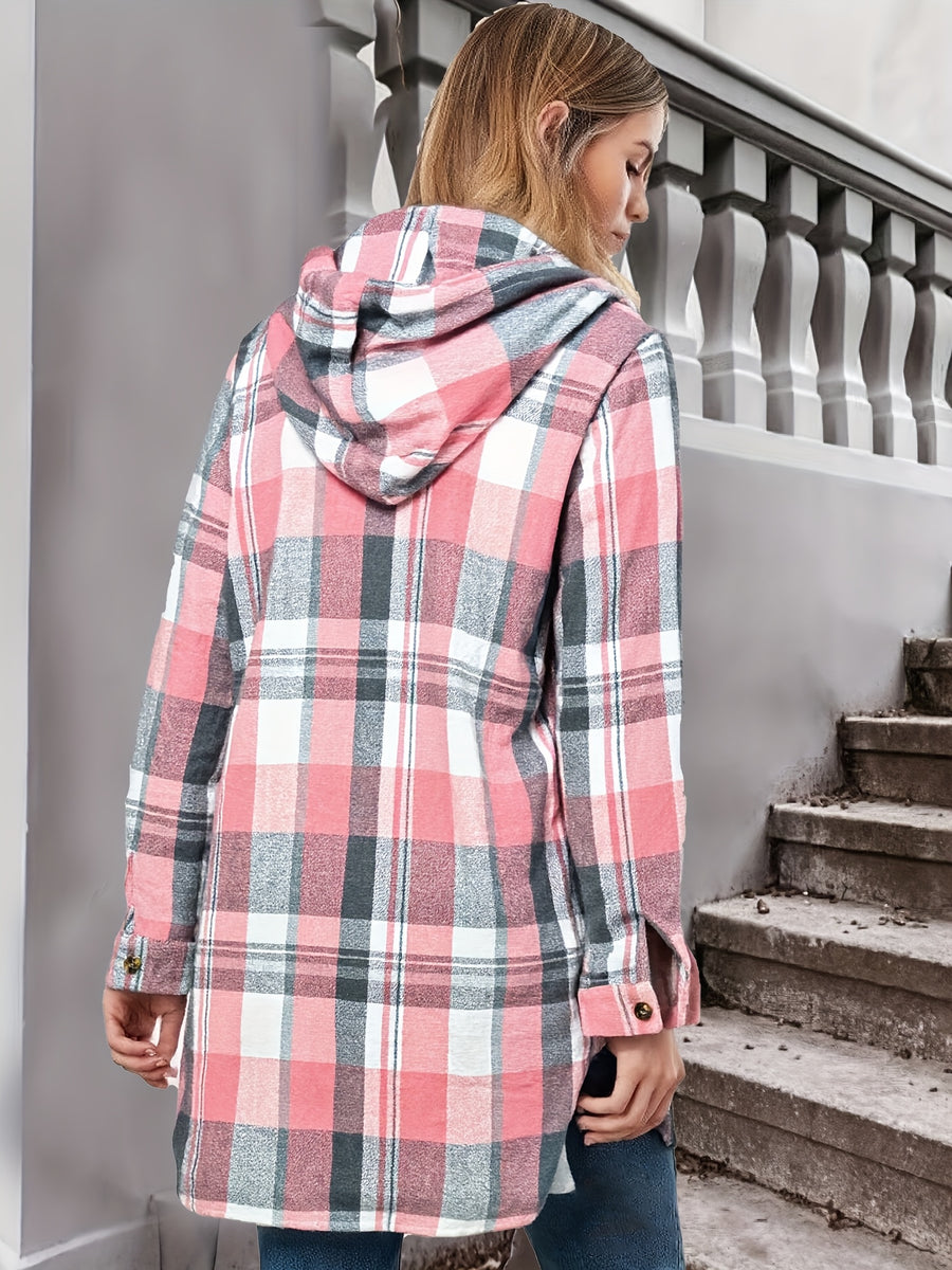 Early Autumn Fashion Vintage Loose Hooded Button Sweatshirt Shirt for Women, Soft Contrast Color Plaid Design, Hooded Style, Suitable for Vacation, Outings, and Commuting Wear - Pink Color