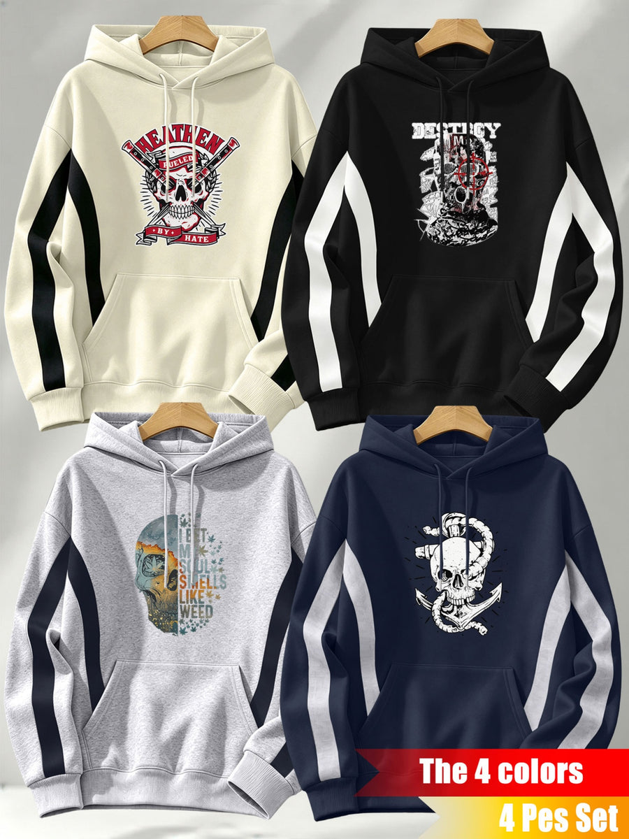 4pcs 2026 Autumn/Winter Men's Street Style Hooded Sweatshirt with Diagonal Contrast Color Line Cutting on Sleeves, Long Sleeves, Adjustable Drawstring, Large Capacity Kangaroo Pocket for Phone Storage, Skin-Friendly and Warm, Versatile Pullover - Apricot + Navy Blue + Gray + Black