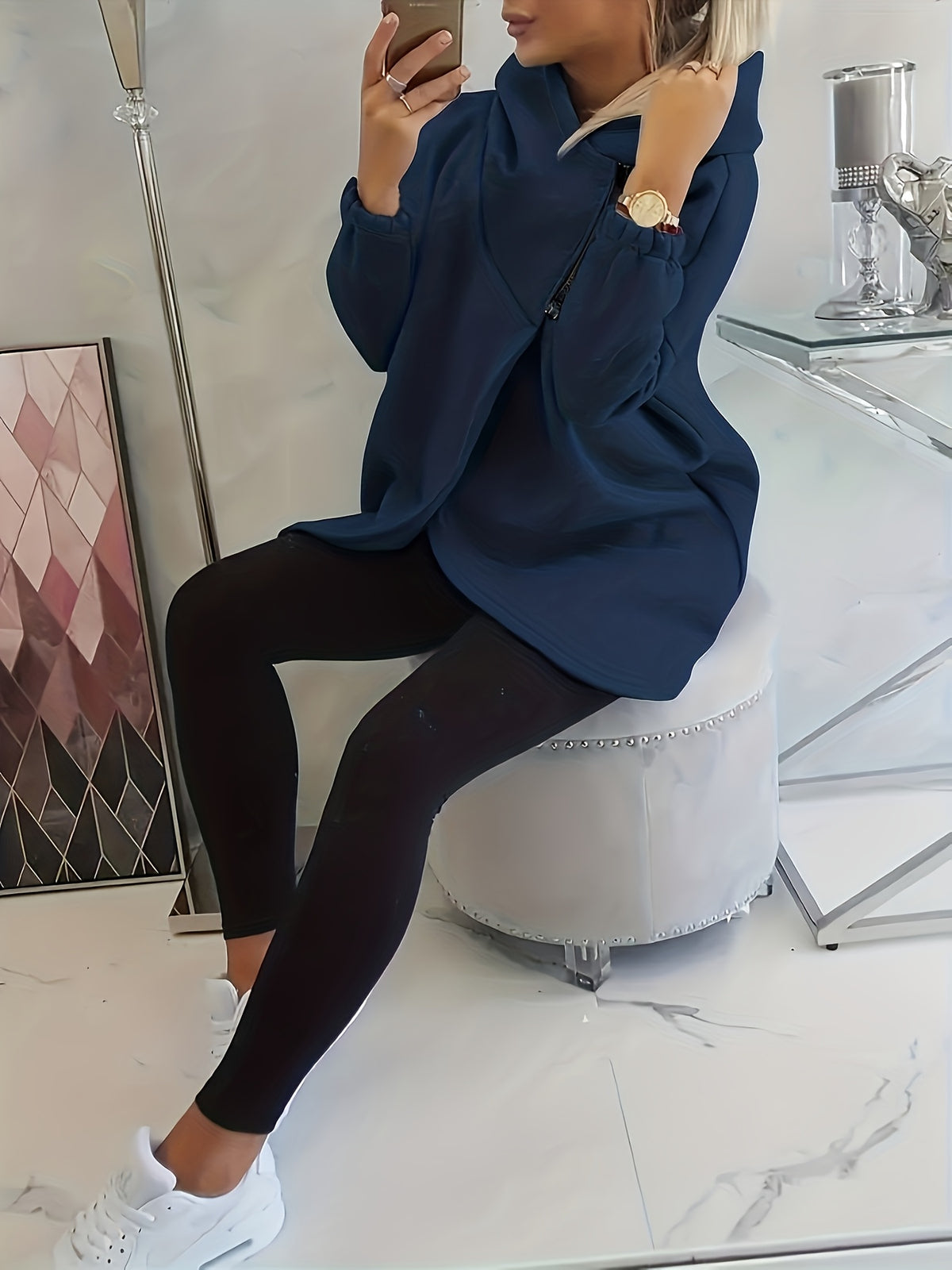 Plus Size, New European and American Women's Plus Size Hooded Sweatshirt with Full Front Zipper, Fashionable Asymmetric Hem Slit, Wide and Comfortable, Breathable, Thick and -Lined, Loose Fit, Long Sleeve, Warm for Autumn and Winter - Navy Color