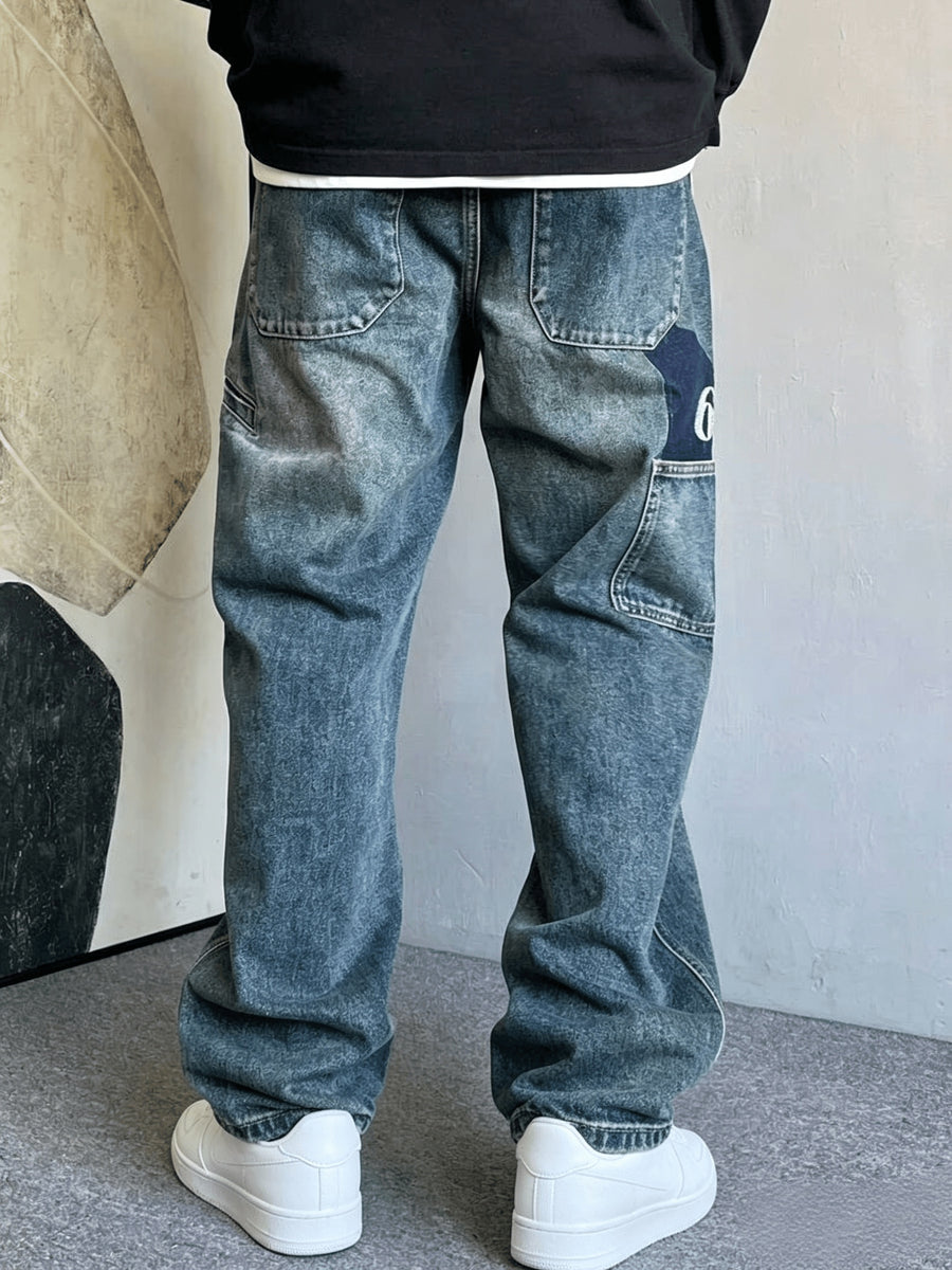 Men's Vintage Washed Straight Leg Cargo Denim Jeans with Side Patch Pockets & Number 6 Embroidery - Blue