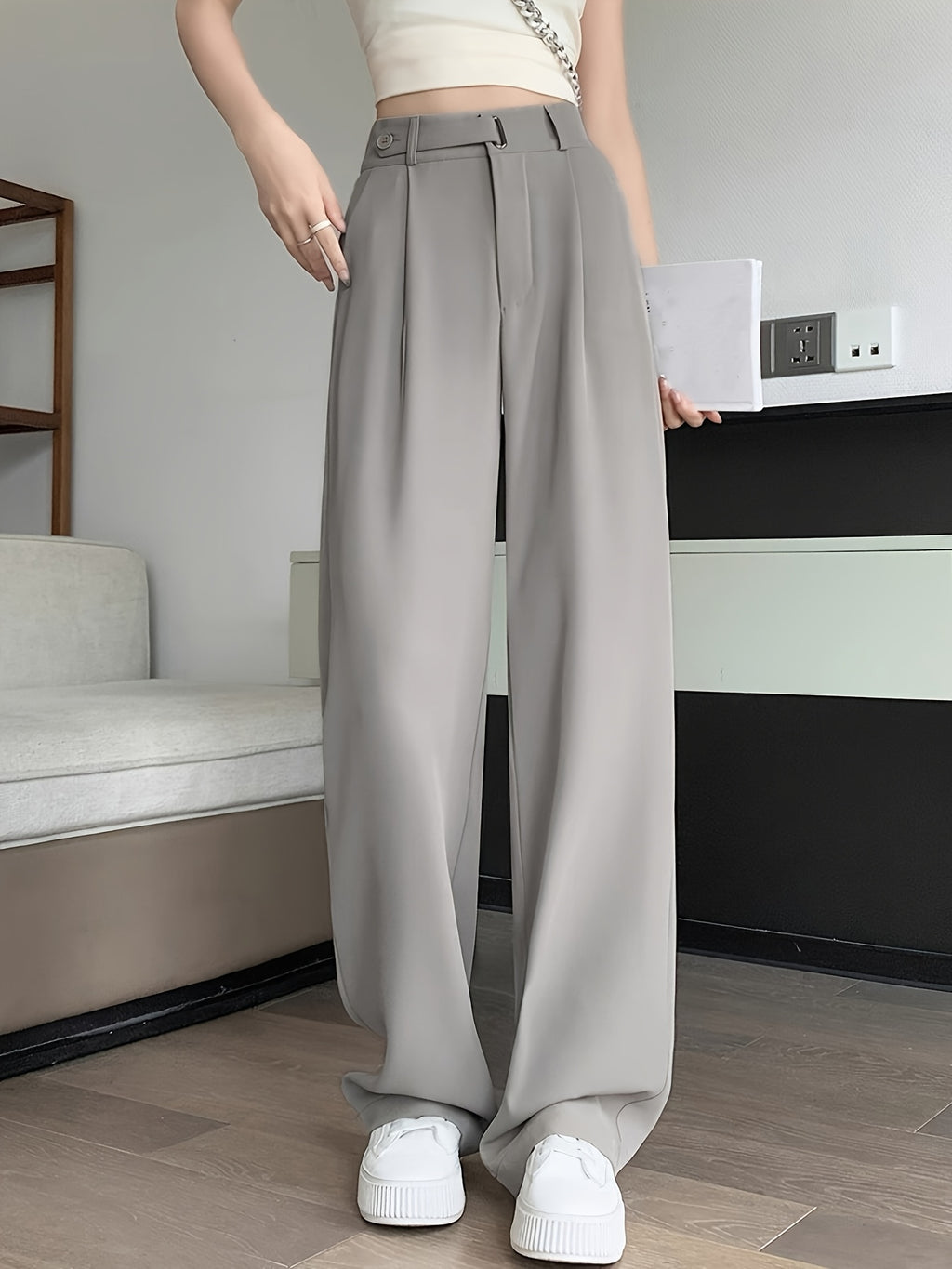 2026 New Summer High-End Women's Suit Pants, High-Waist, Draped Straight-Leg, Slim Fit, Wide-Leg Trousers, Belt-Free, Essential Versatile Workwear for Spring, Summer, and Autumn - Apricot
