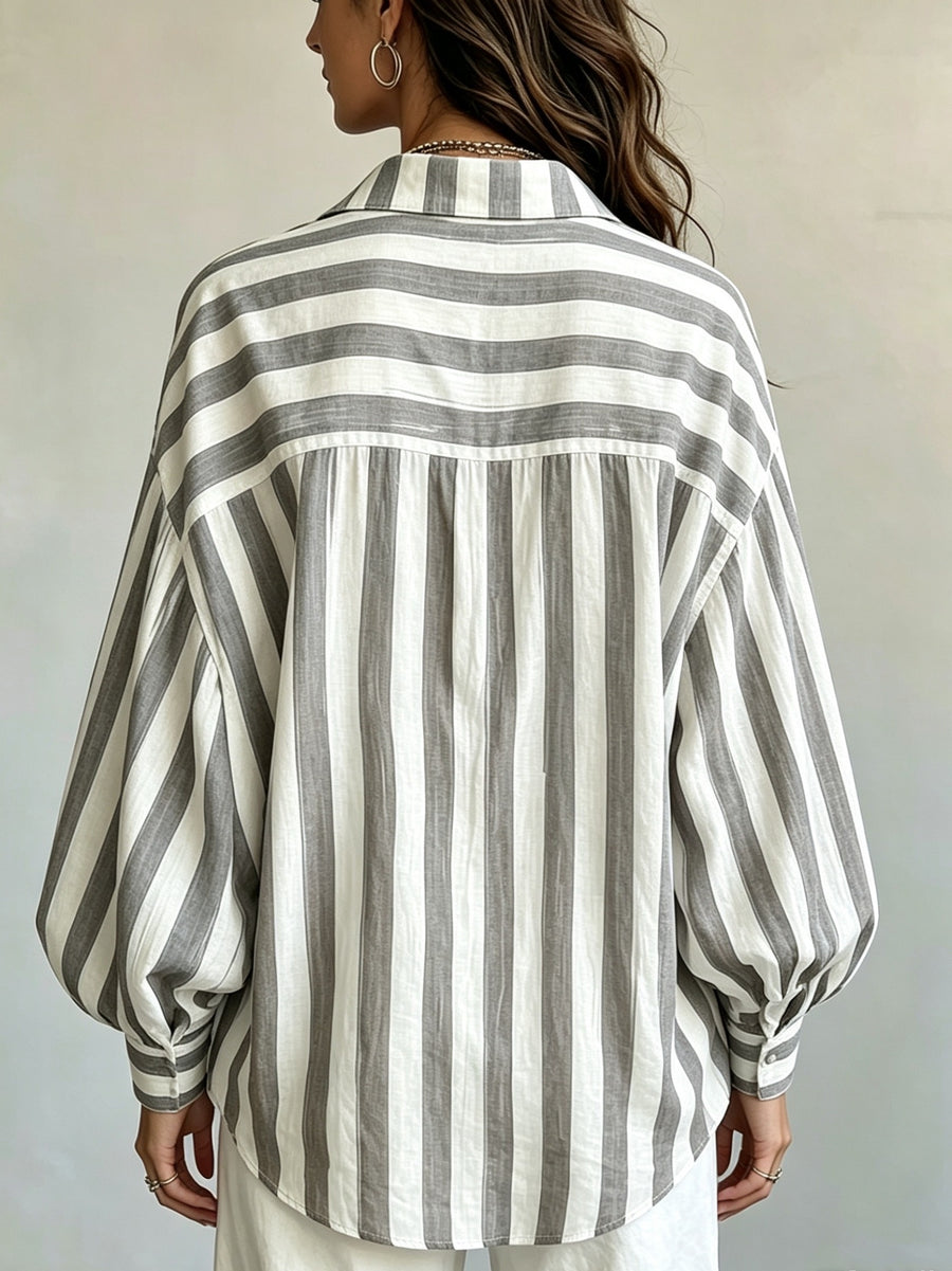 Spring Summer New Style Retro Striped Long Sleeve Women'S Shirt, Loose Vacation Style Beach Top, Casual Commute - Grey