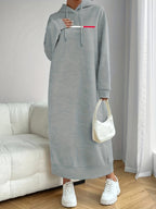 New Winter Thick Long Hooded Sweatshirt Dress, Knee-Length, Loose-Fitting Casual Dress for Women - Light Grey