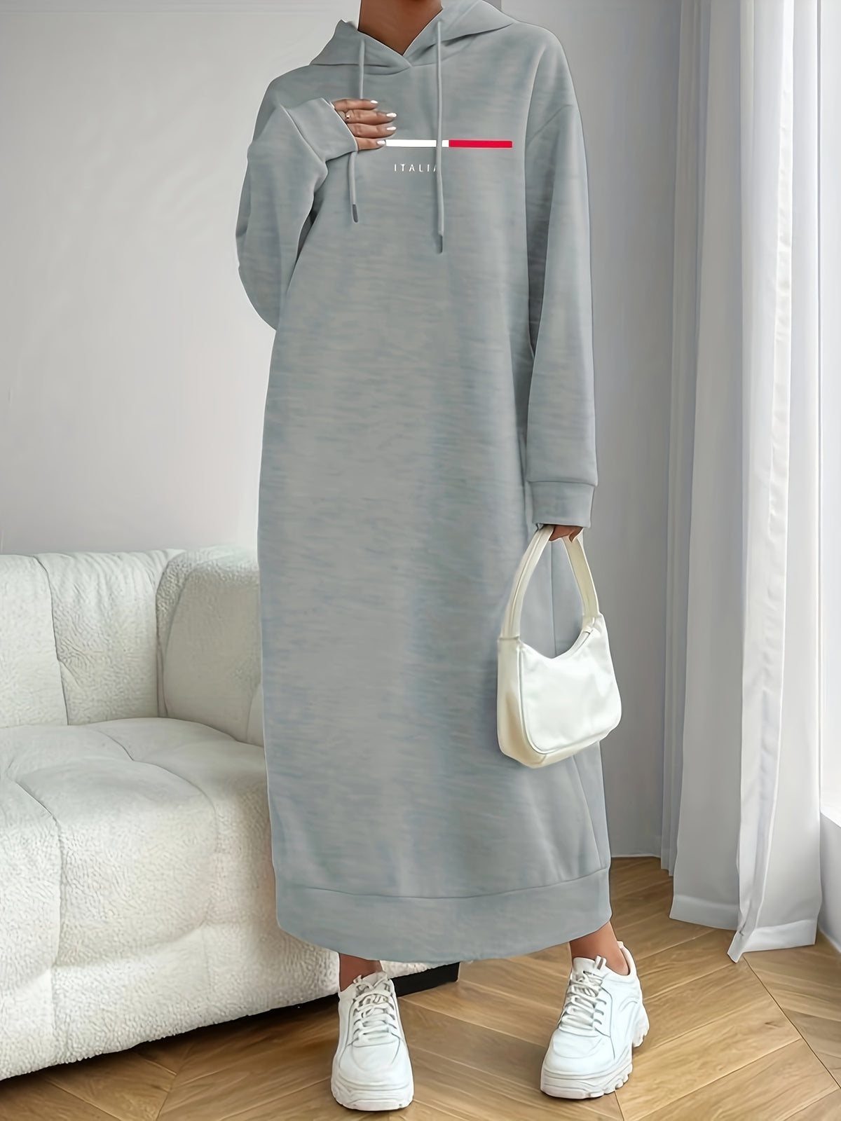 New Winter Thick Long Hooded Sweatshirt Dress, Knee-Length, Loose-Fitting Casual Dress for Women - Light Grey