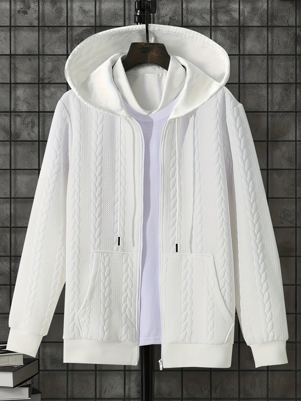 1pc Men'S Casual Knit Thick Hooded Shirt | Premium Soft Texture Skin-Friendly Fabric | Full Zipper Closure Design | Ribbed Cuff Design | Geometric Pattern Jacquard Texture | Loose Comfortable Fit | Soft Skin-Friendly Comfortable Warm | Indoor Office - White