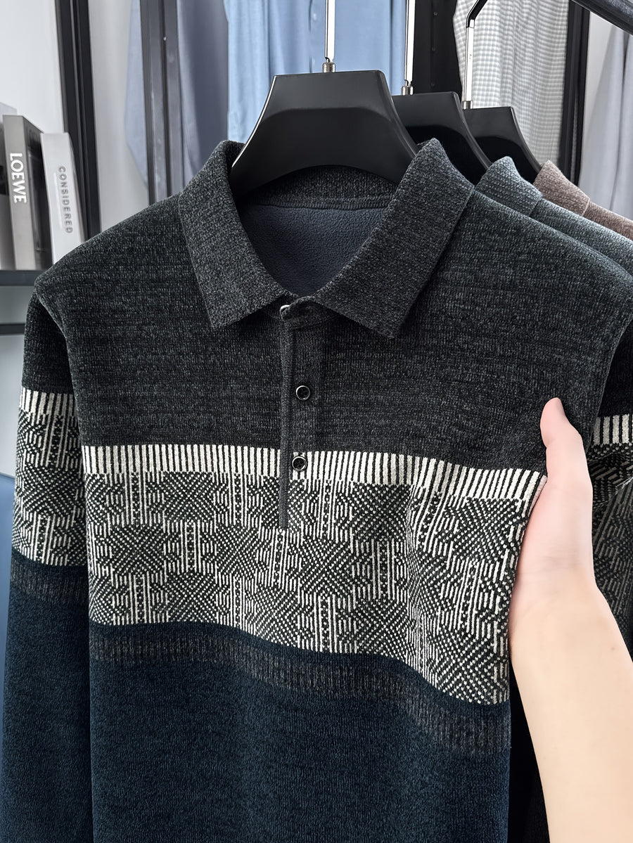 Men's Color-Block Knit Pullover, Casual Warm Autumn/Winter POLO Sweater - Black Gray