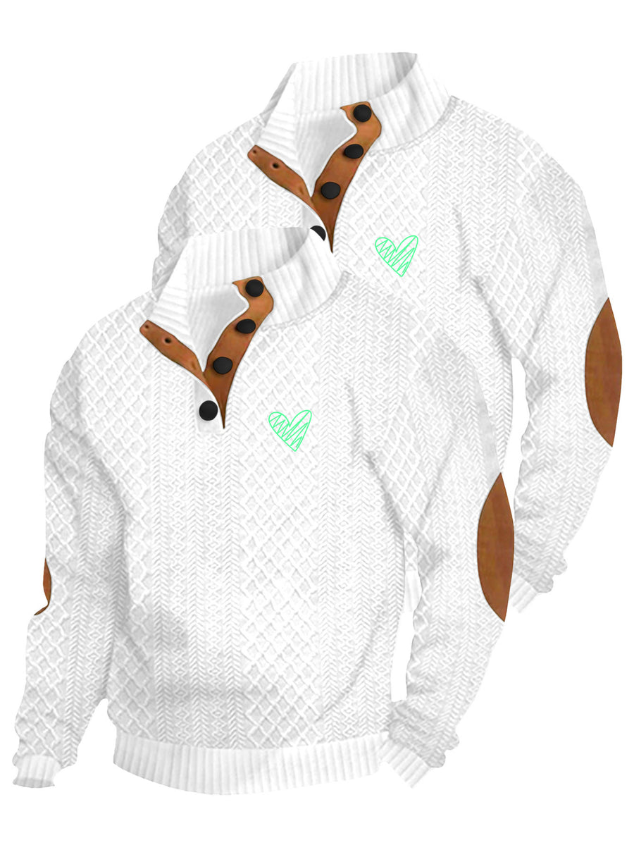 2pcs Men's Stand Collar Jacquard Knit Henley Shirts, Mature Vintage High Neck Pullover Polo, Random Texture Color-Block Collar Jacquard Patchwork Design, Suitable for Outdoor Casual Sports Wear, Ideal as Men's Birthday Gift, Outdoor Clothing - White